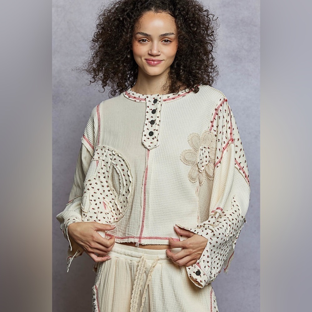 POL Cream and Red Patterned Blouse